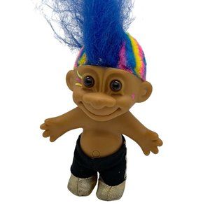 Vintage 4” Russ Troll Doll Punk Rocker Mohawk Rainbow Hair